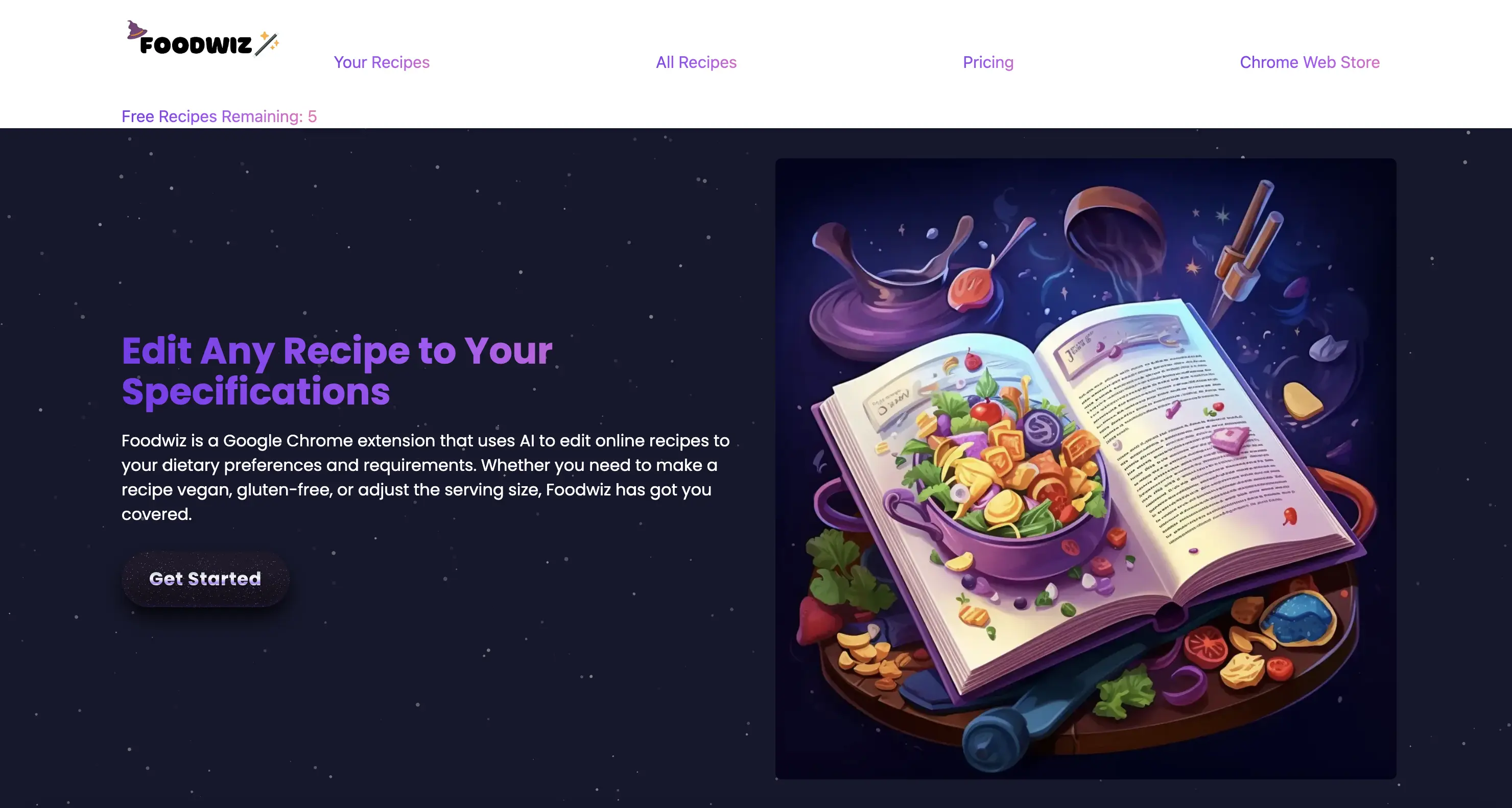 Image of FoodWiz, an AI Recipe Editing Website